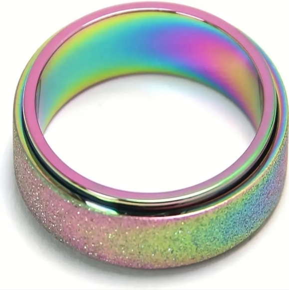 Titanium Stainless Steel ✦ Rainbow Sandblasted Anxiety Spinner Ring Unisex 11 - Picture 7 of 14